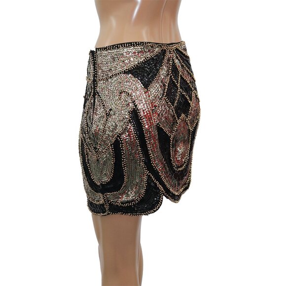 ENDLESS ROSE Black Silver Bronze Sequin Beaded ART DECO Geometric Mini Skirt L - Picture 5 of 6